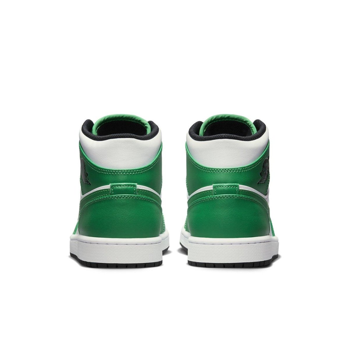 Jordan 1 Mid Lucky Green sneaker back view highlighting vibrant green and white design.
