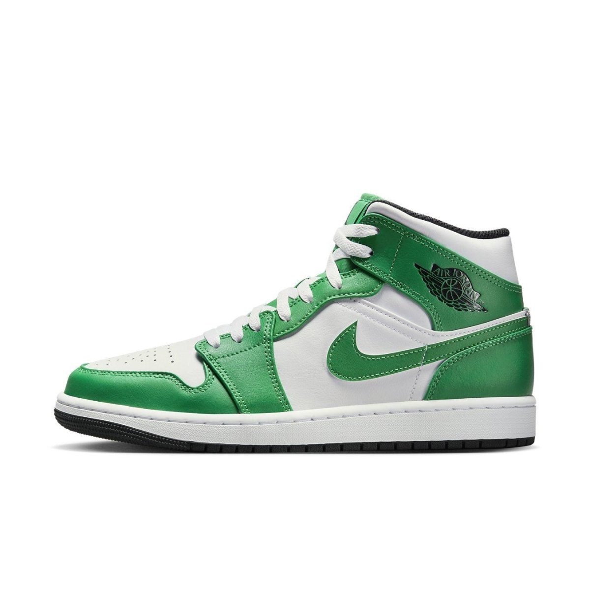 Jordan 1 Mid Lucky Green sneakers featuring white leather and vibrant green accents, inspired by Boston Celtics.