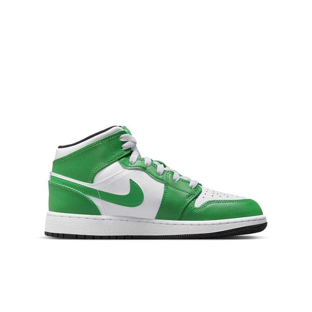 Nike Air Jordan 1 Mid Lucky Green sneaker featuring bold green and white colorway and classic design.