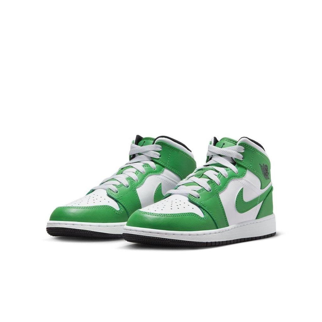 Air Jordan 1 Mid 'Lucky Green' sneakers featuring a white and green colorway and iconic Swoosh design.