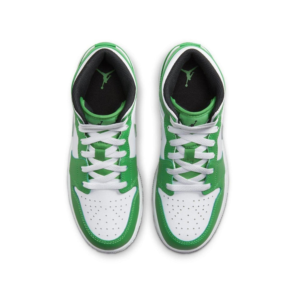 Air Jordan 1 Mid Lucky Green (GS) sneaker, showcasing vibrant green and crisp white colorway from above.