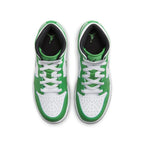 Air Jordan 1 Mid Lucky Green (GS) sneaker, showcasing vibrant green and crisp white colorway from above.