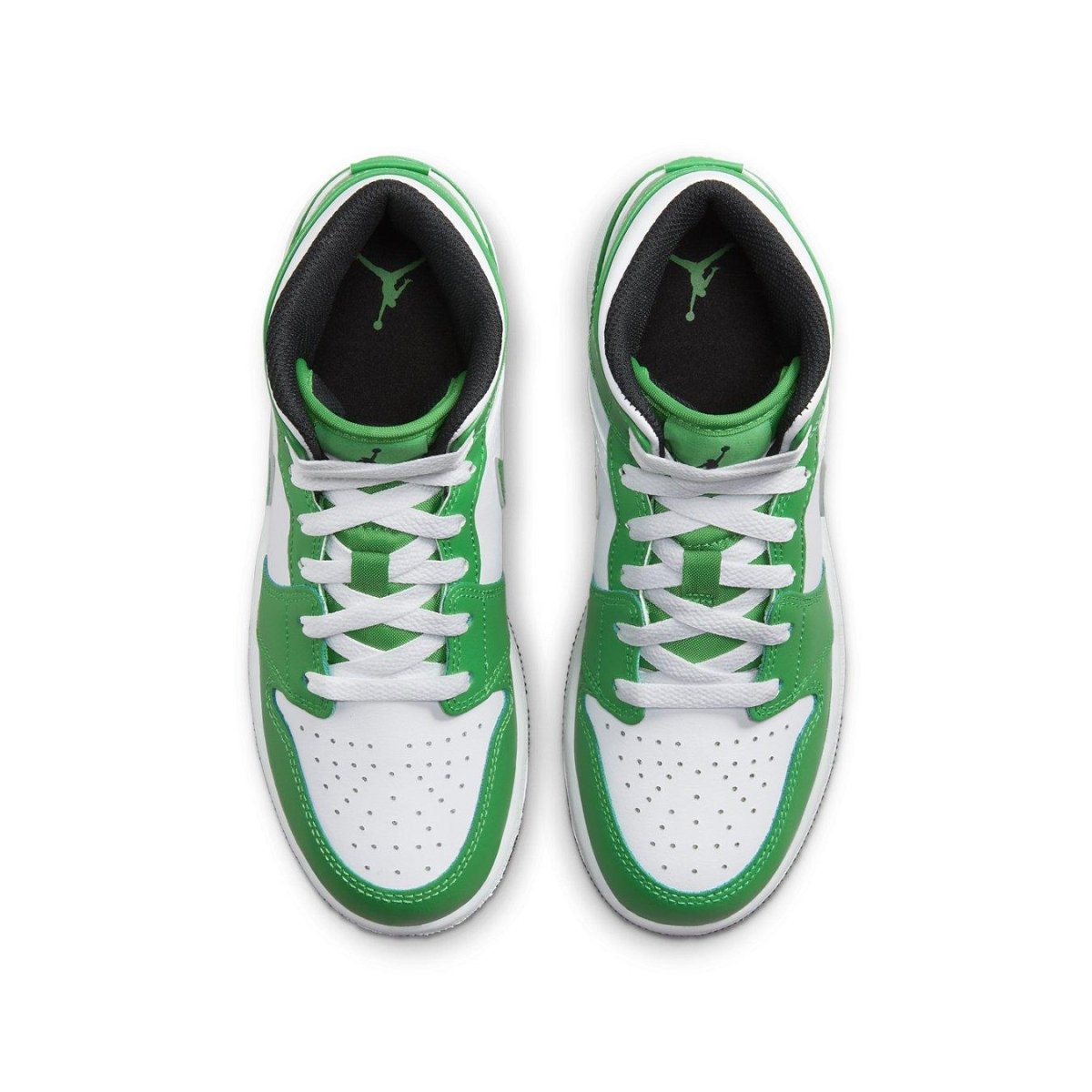 Air Jordan 1 Mid Lucky Green (GS) sneaker, showcasing vibrant green and crisp white colorway from above.