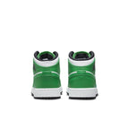 Back view of Air Jordan 1 Mid Lucky Green sneakers showcasing vibrant green and white design.