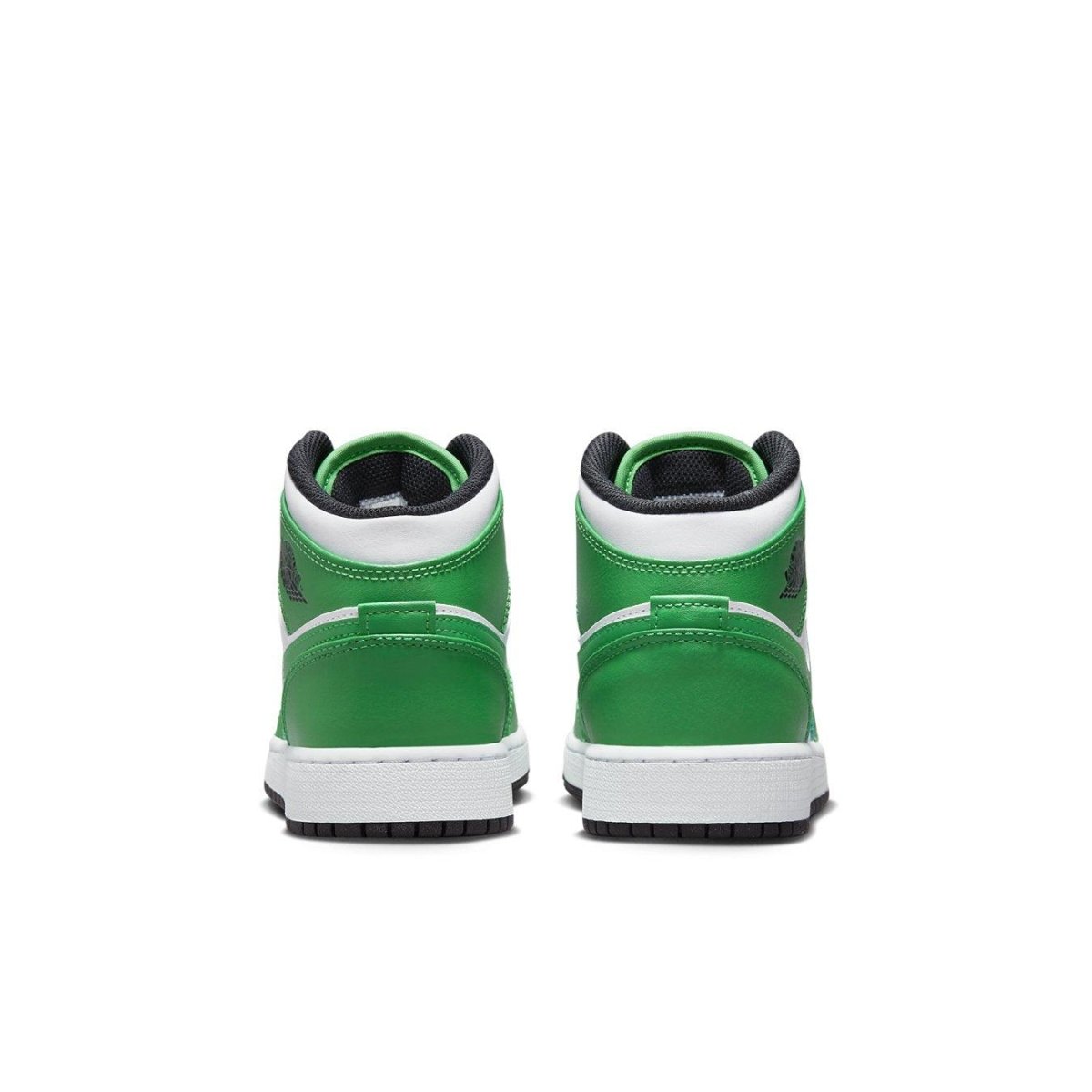 Back view of Air Jordan 1 Mid Lucky Green sneakers showcasing vibrant green and white design.
