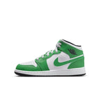 Jordan 1 Mid Lucky Green sneaker featuring a white and green color scheme, robust leather upper, and iconic design.