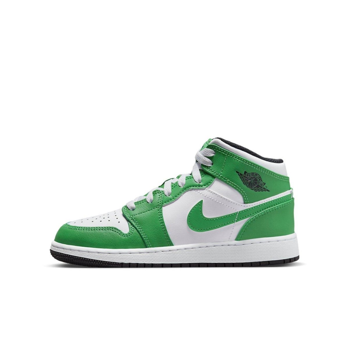 Jordan 1 Mid Lucky Green sneaker featuring a white and green color scheme, robust leather upper, and iconic design.