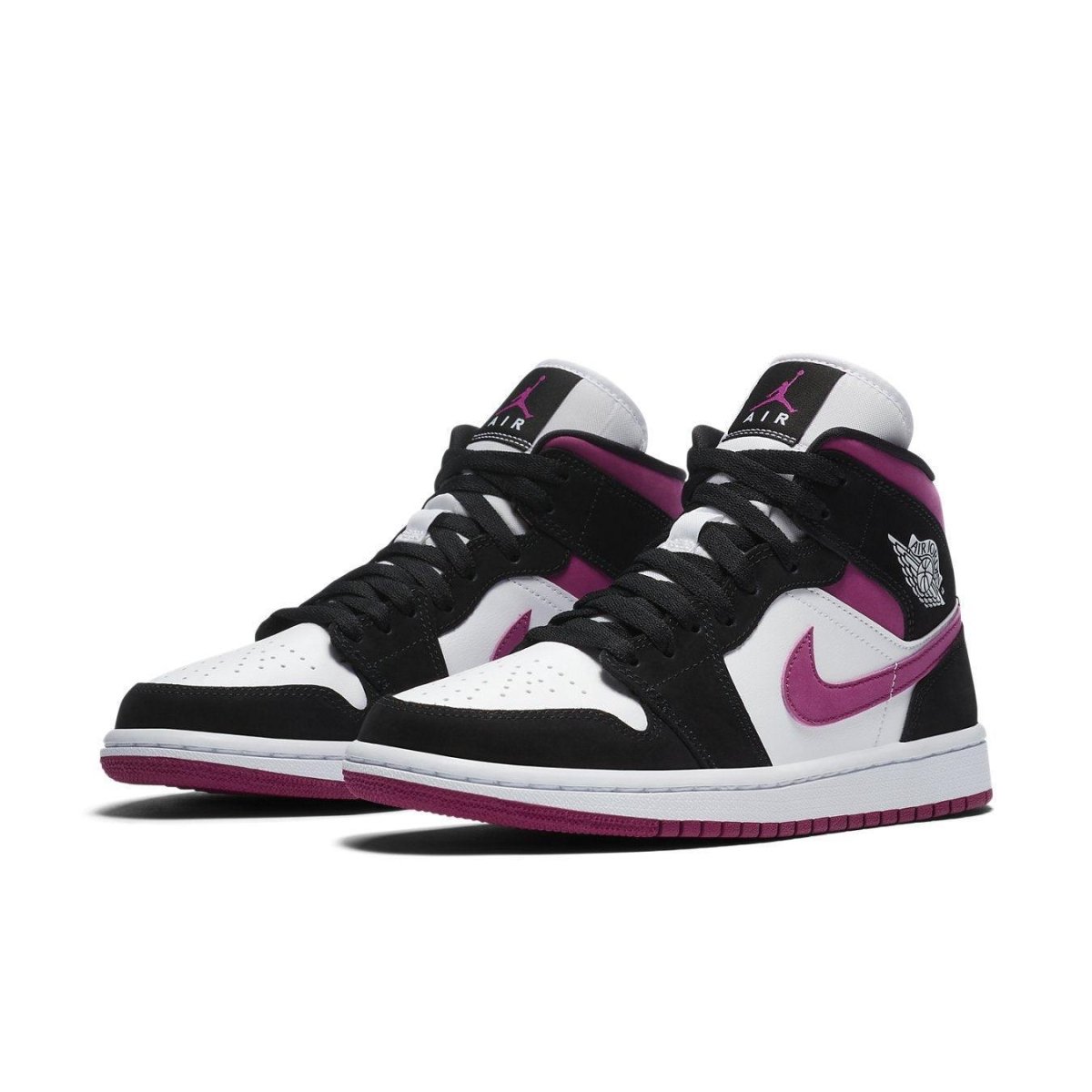 Air Jordan 1 Mid Magenta (W) featuring black suede, white leather, and vibrant magenta accents.