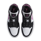Air Jordan 1 Mid Magenta women's sneaker featuring black suede and white leather design.