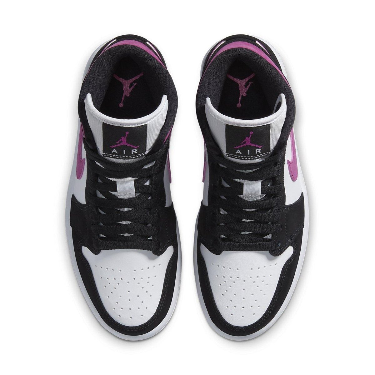 Air Jordan 1 Mid Magenta women's sneaker featuring black suede and white leather design.