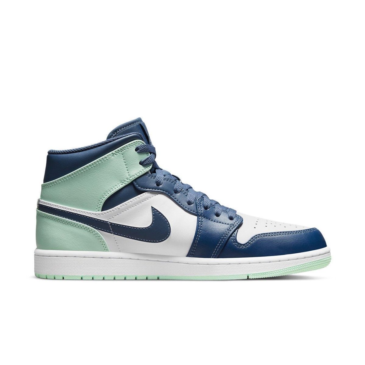 Air Jordan 1 Mid Mystic Navy Mint Foam with white, navy, and mint green accents, featuring iconic Swoosh and Wings logo.