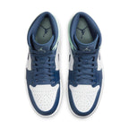 Air Jordan 1 Mid Mystic Navy Mint Foam sneakers with navy and white leather design and mint accents.