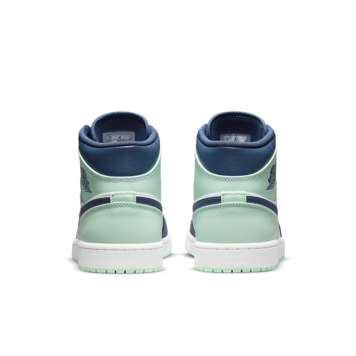 Air Jordan 1 Mid Mystic Navy Mint Foam shoes with mint and navy colorway, featuring logo and cushioned collar.