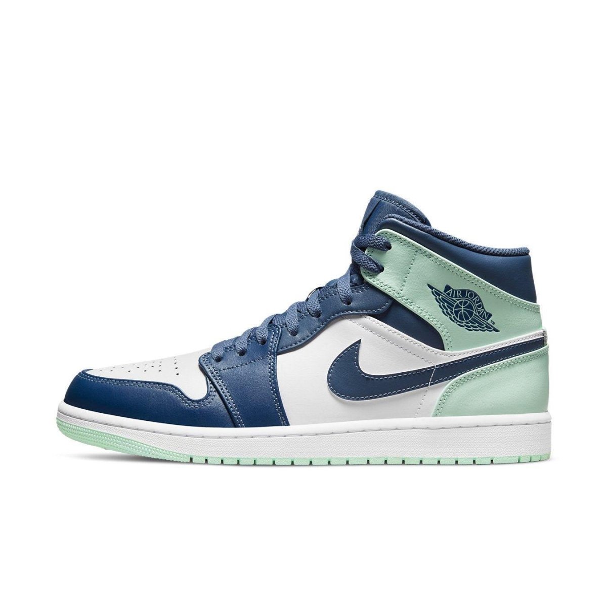 Air Jordan 1 Mid Mystic Navy Mint Foam in white leather with navy overlays and mint accents.