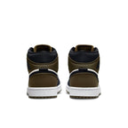 Back view of women's Air Jordan 1 Mid Olive Toe sneakers featuring olive green and black accents.