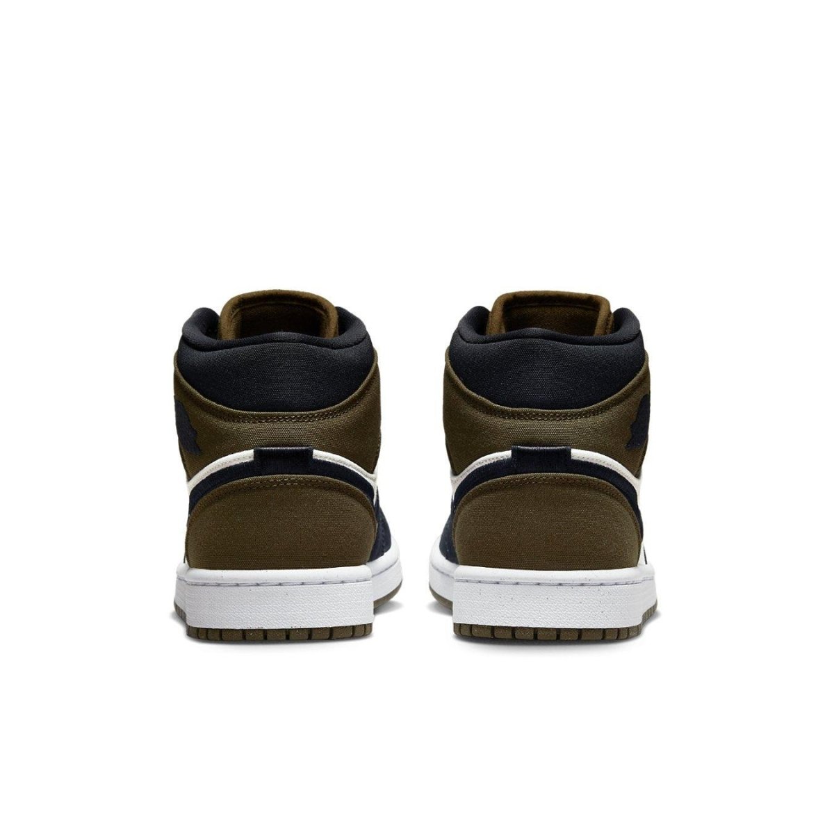 Back view of women's Air Jordan 1 Mid Olive Toe sneakers featuring olive green and black accents.