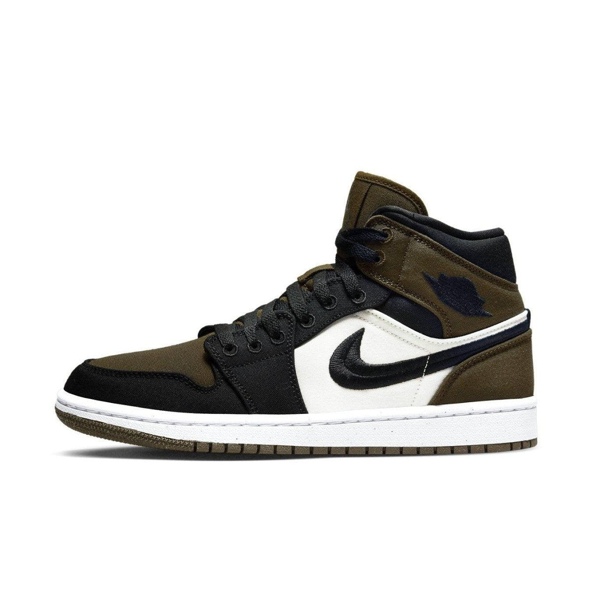 Air Jordan 1 Mid Olive Toe for women featuring breathable canvas and black accents.
