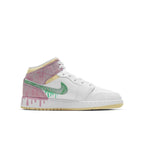 Jordan 1 Mid Paint Drip (GS) with pink and mint paint drip accents on a white leather upper.
