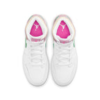 Jordan 1 Mid Paint Drip sneakers featuring pink and mint paint drip elements on a white leather upper.