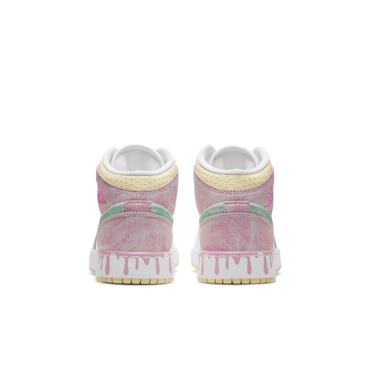 Air Jordan 1 Mid Paint Drip (GS) with pink and mint paint drip details, showcasing textured leather and white midsole.
