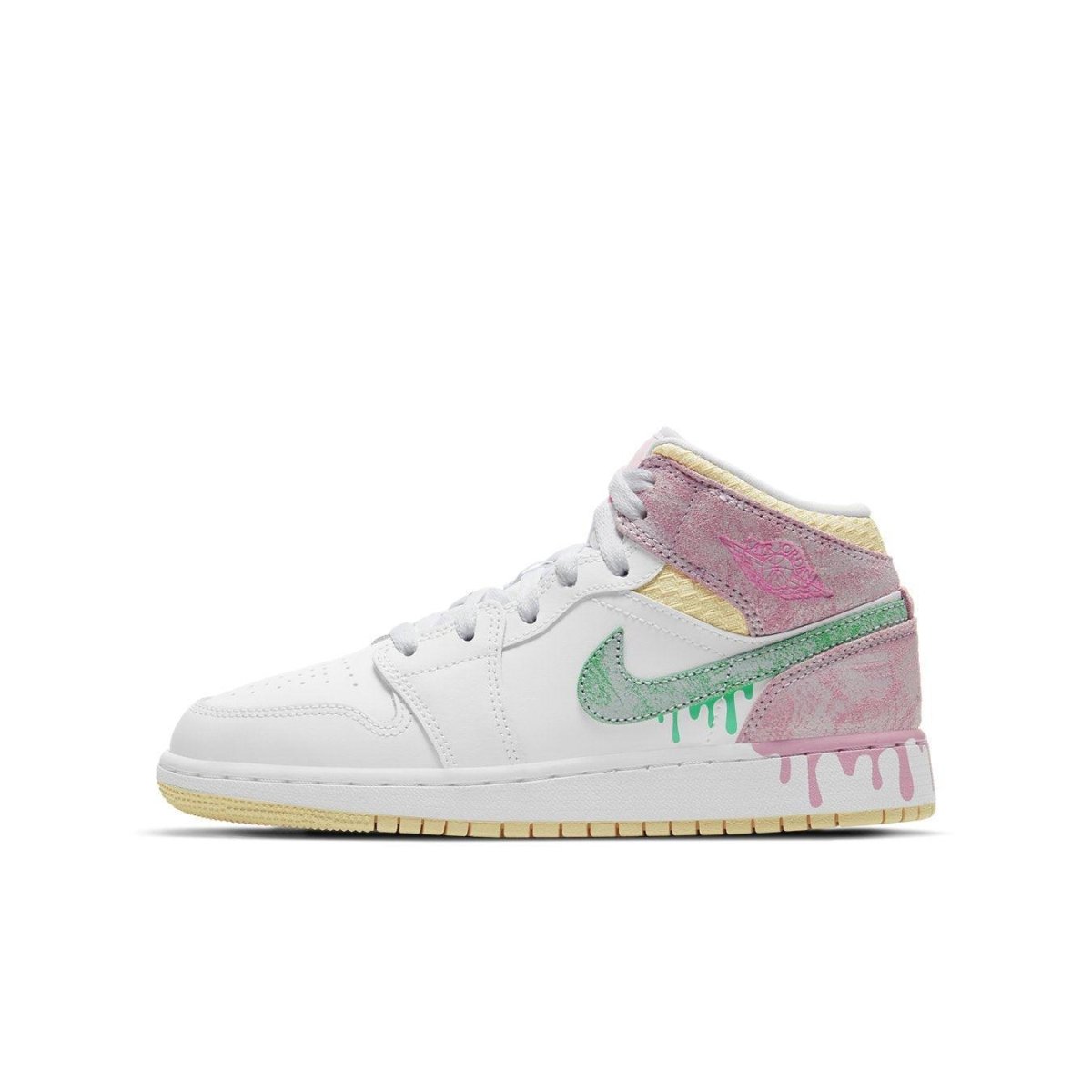 Air Jordan 1 Mid Paint Drip (GS) featuring pink and mint paint drip design on white leather uppers.