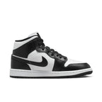 Nike Air Jordan 1 Mid Panda in black and white, featuring a classic silhouette and iconic Swoosh.