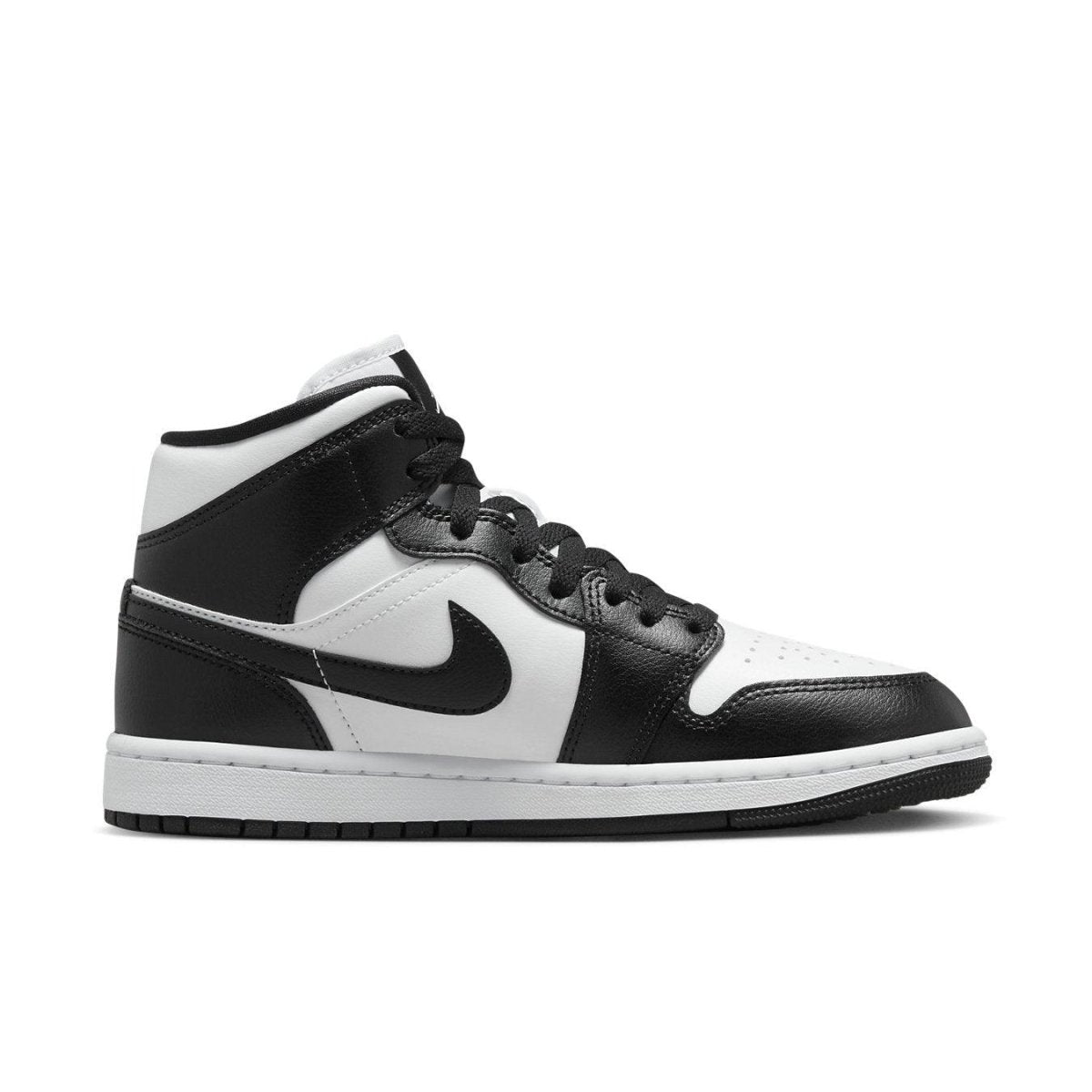 Nike Air Jordan 1 Mid Panda in black and white, featuring a classic silhouette and iconic Swoosh.