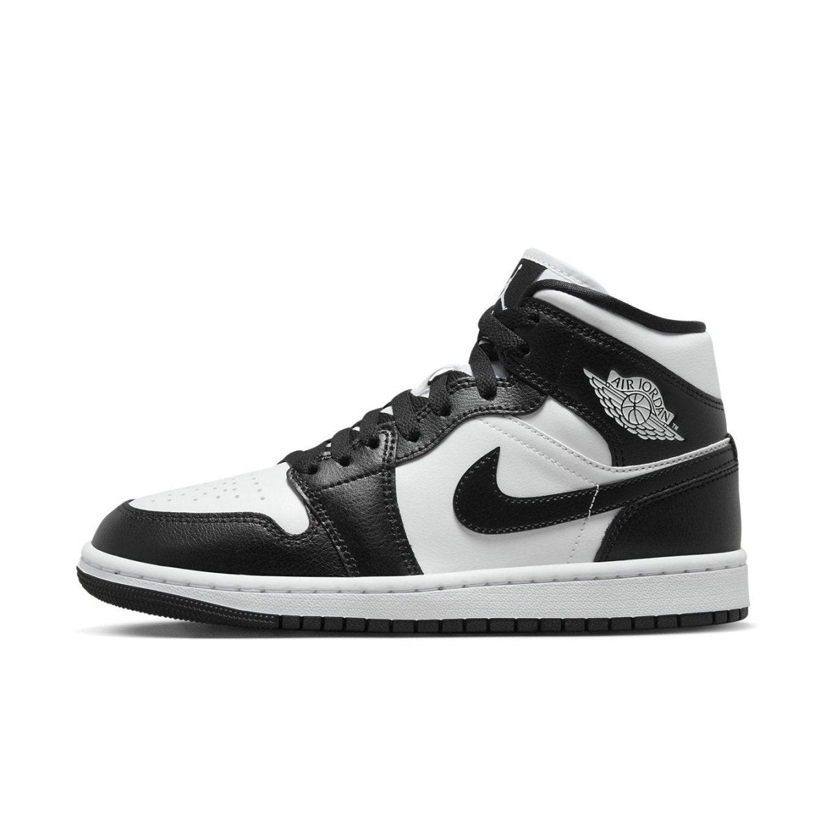 Air Jordan 1 Mid Panda Women's sneaker in black and white leather with iconic Swoosh and logo.