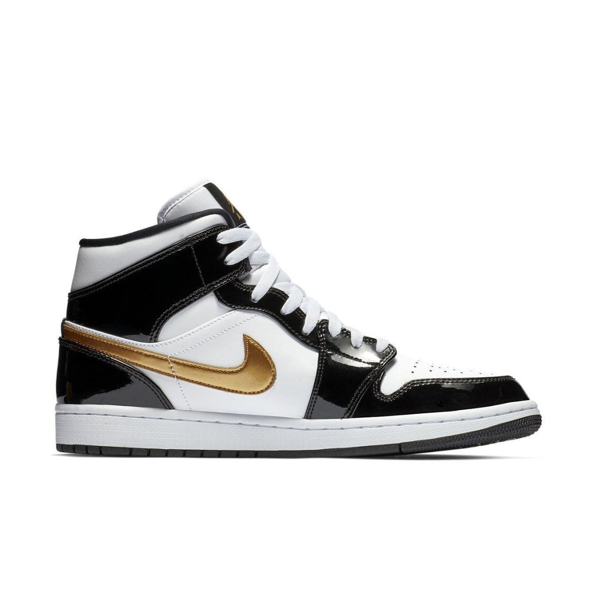 Jordan 1 Mid Patent Black White Gold sneaker side view with shiny patent leather and gold accents.