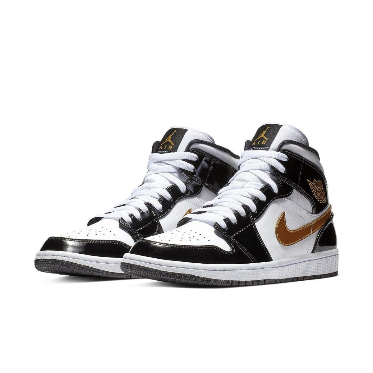 Nike Jordan 1 Mid Patent Black White Gold sneakers featuring patent leather and signature Swoosh design.