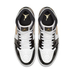 Top view of Nike Jordan 1 Mid Patent Black White Gold sneakers featuring sleek patent leather design and iconic branding.