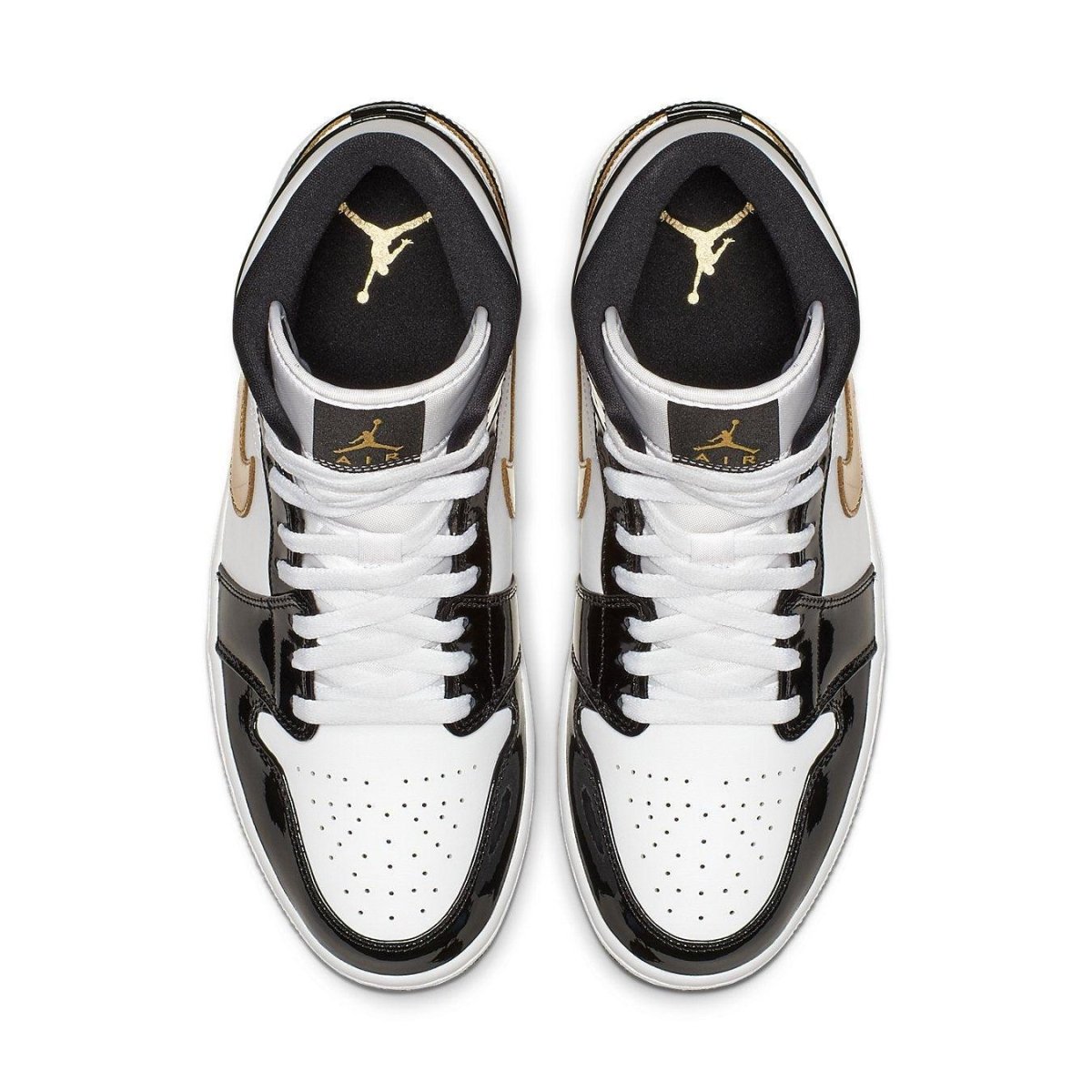 Top view of Nike Jordan 1 Mid Patent Black White Gold sneakers featuring sleek patent leather design and iconic branding.