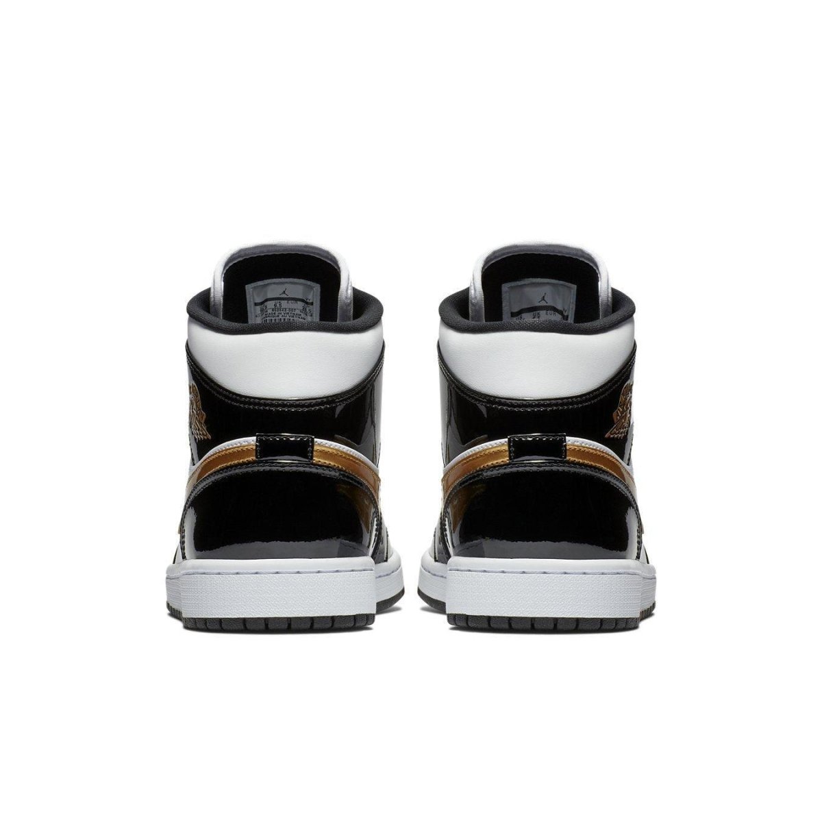 Back view of Nike Jordan 1 Mid Patent Black White Gold sneakers showcasing unique colorway and patent leather.