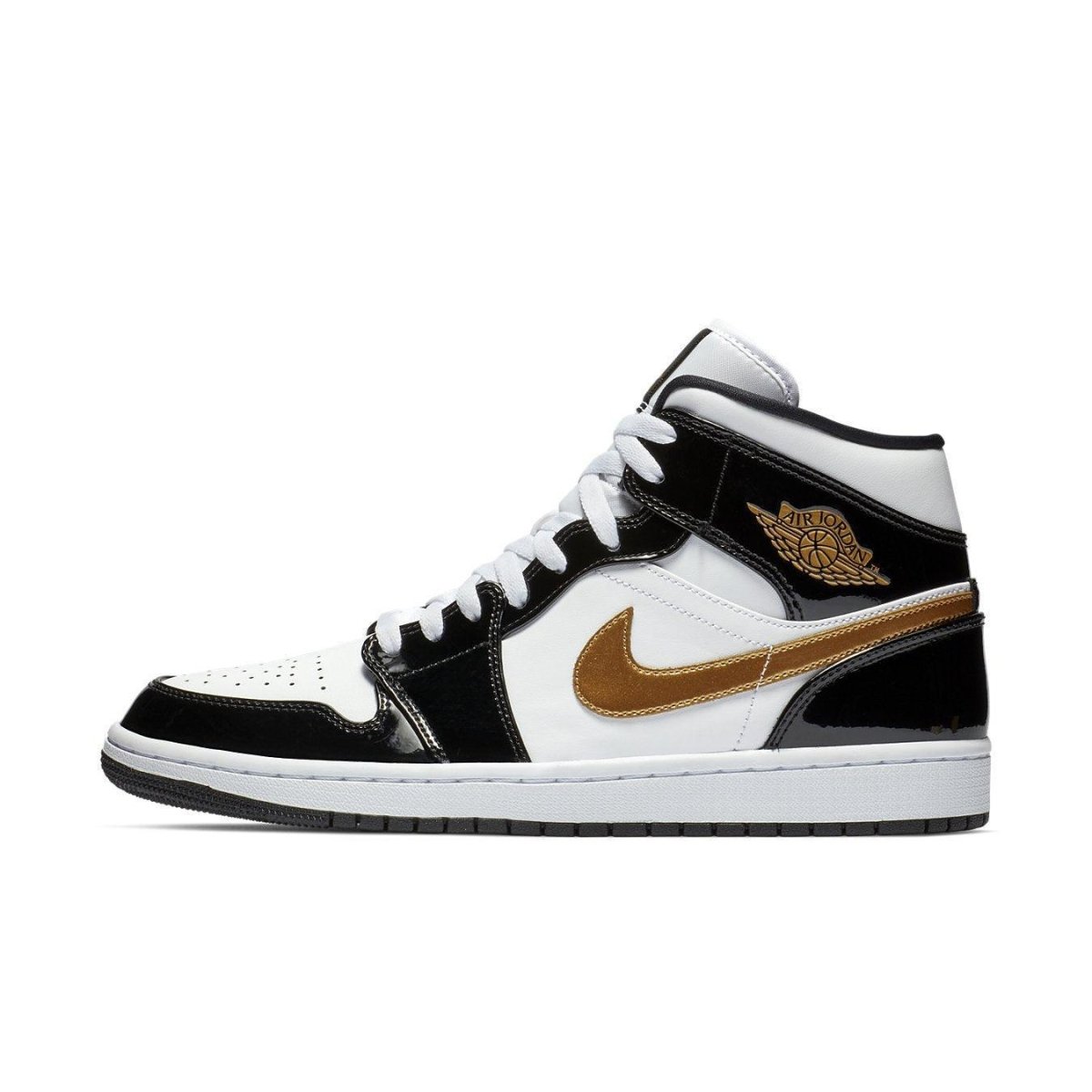 Nike Air Jordan 1 Mid Patent Black White Gold sneaker side view on a white background.