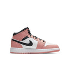 Air Jordan 1 Mid Pink Quartz GS sneaker featuring pink leather, white accents, and black details, perfect for kids.