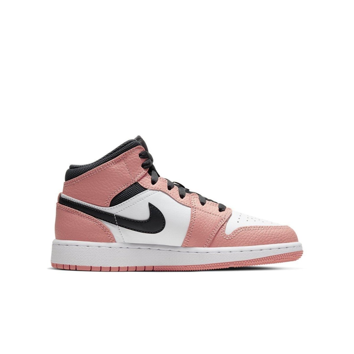 Air Jordan 1 Mid Pink Quartz GS sneaker featuring pink leather, white accents, and black details, perfect for kids.