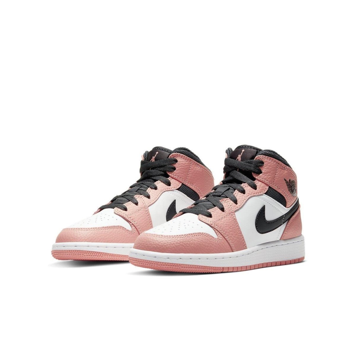 Air Jordan 1 Mid Pink Quartz GS sneakers featuring pink leather, white mid-panel, and black Swoosh.