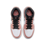 Top view of Air Jordan 1 Mid Pink Quartz GS sneakers featuring pink leather, white details, and black laces.