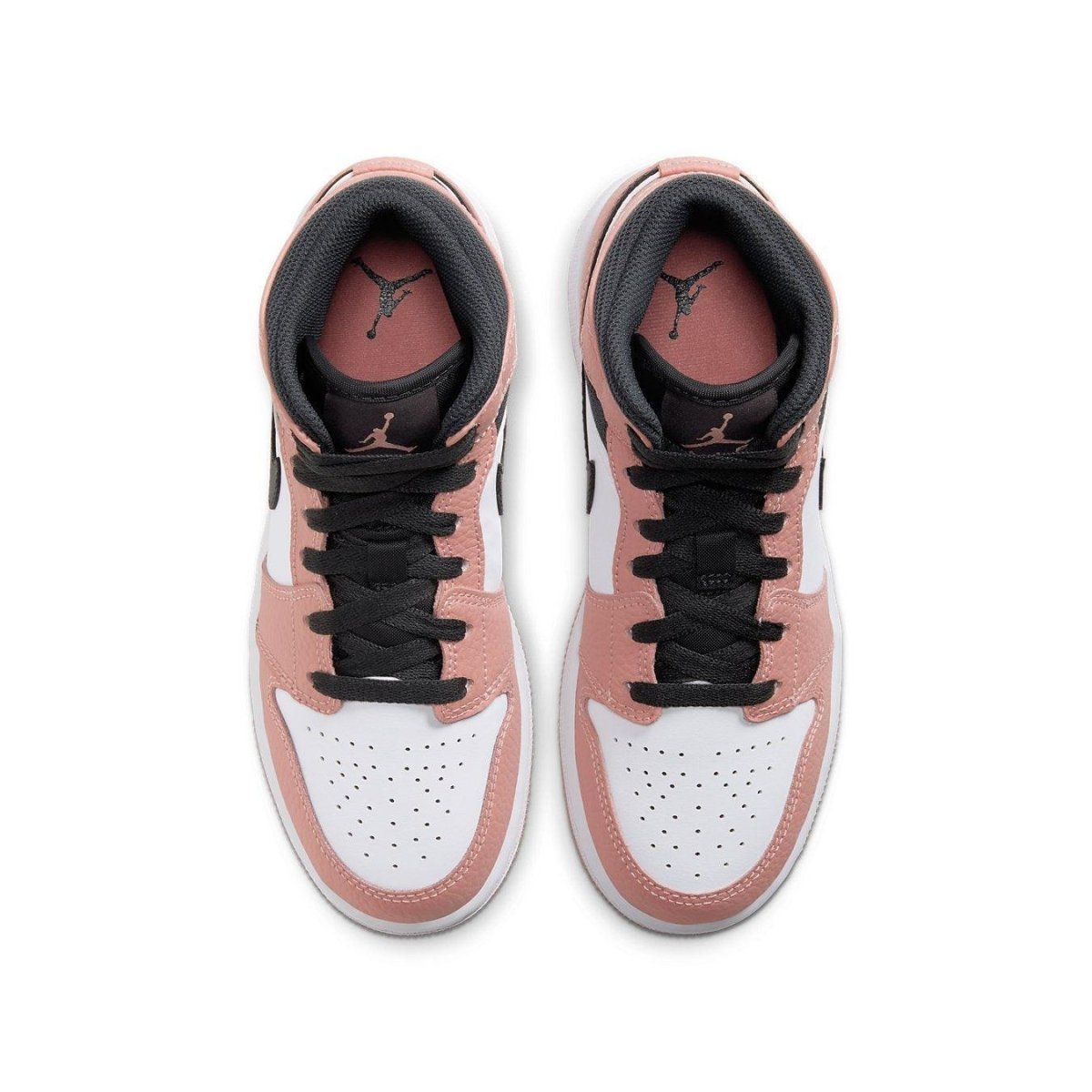 Top view of Air Jordan 1 Mid Pink Quartz GS sneakers featuring pink leather, white details, and black laces.
