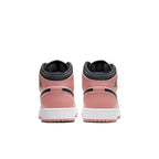 Back view of Air Jordan 1 Mid Pink Quartz GS sneakers showing pink leather and black collar design.