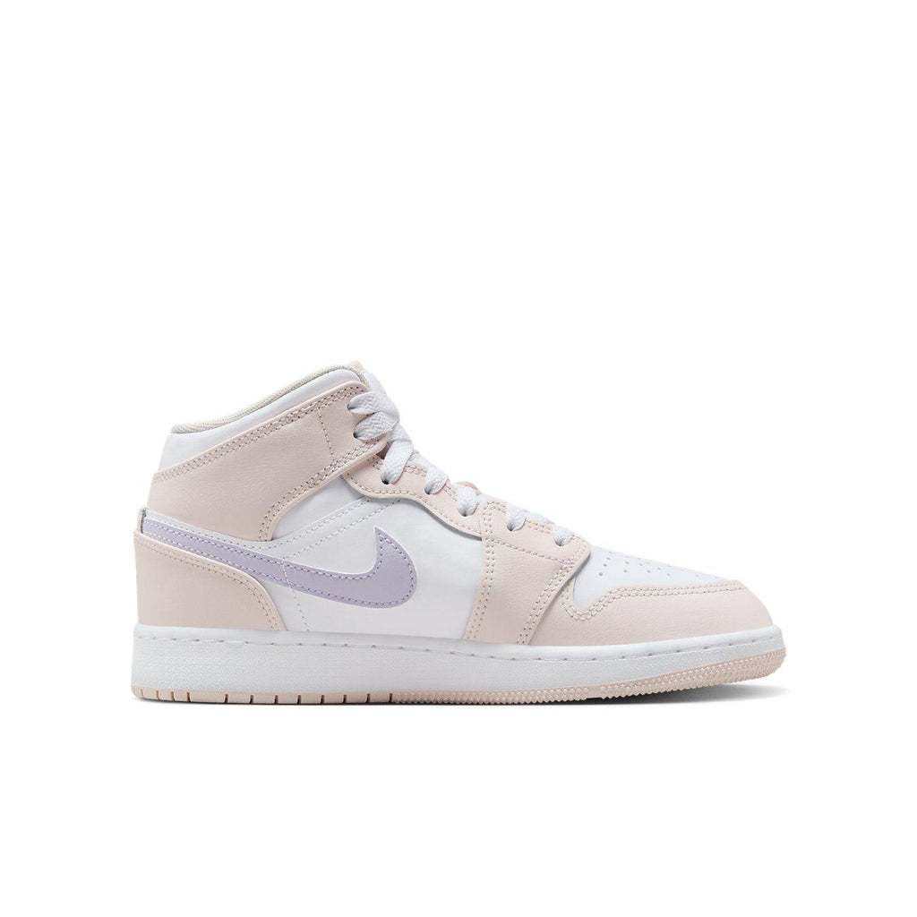 Jordan 1 Mid Pink Wash GS sneaker in pink and white, featuring a stylish design and comfortable fit for kids.