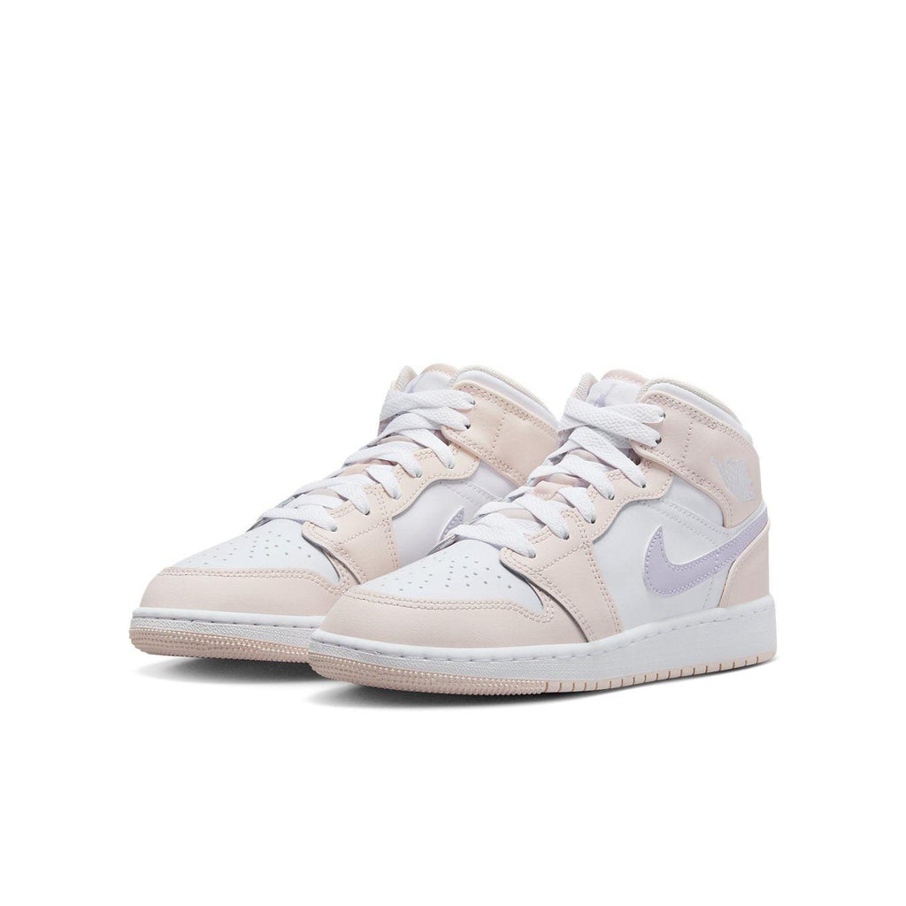 Jordan 1 Mid Pink Wash (GS) sneakers featuring a mix of genuine and synthetic leather for comfortable wear.