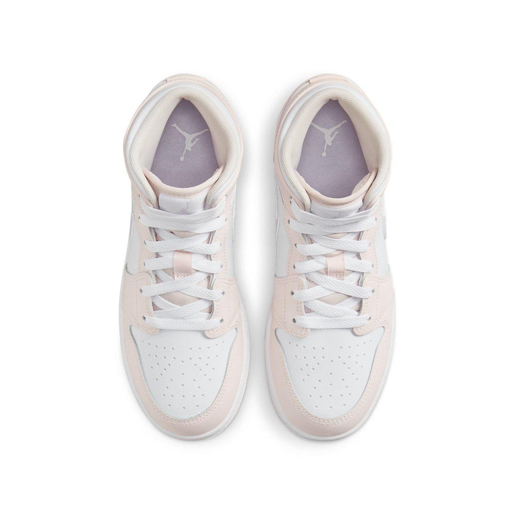 Jordan 1 Mid Pink Wash (GS) trainers top view featuring pink and white colorway.