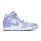 Air Jordan 1 Mid Purple Aqua sneakers in pastel colors with a white base and lavender accents.