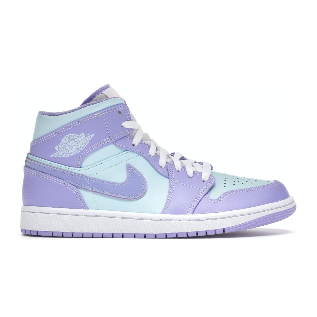 Air Jordan 1 Mid Purple Aqua sneakers in pastel colors with a white base and lavender accents.