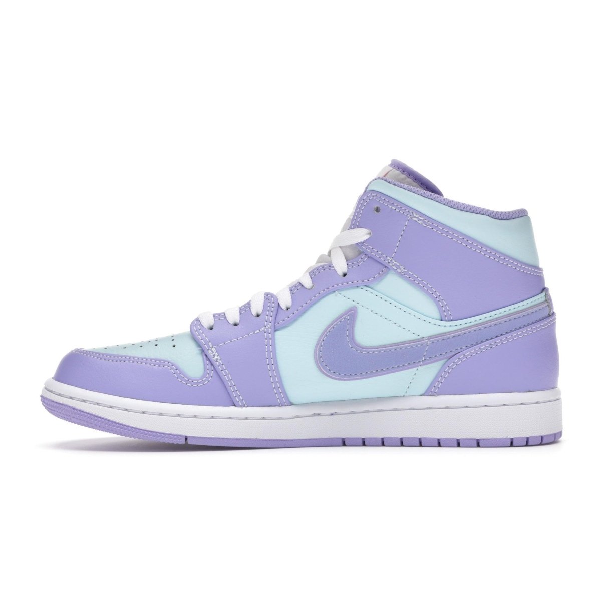 Air Jordan 1 Mid Purple Aqua sneakers in pastel purple and aqua colorway, stylish and perfect for summer outfits.