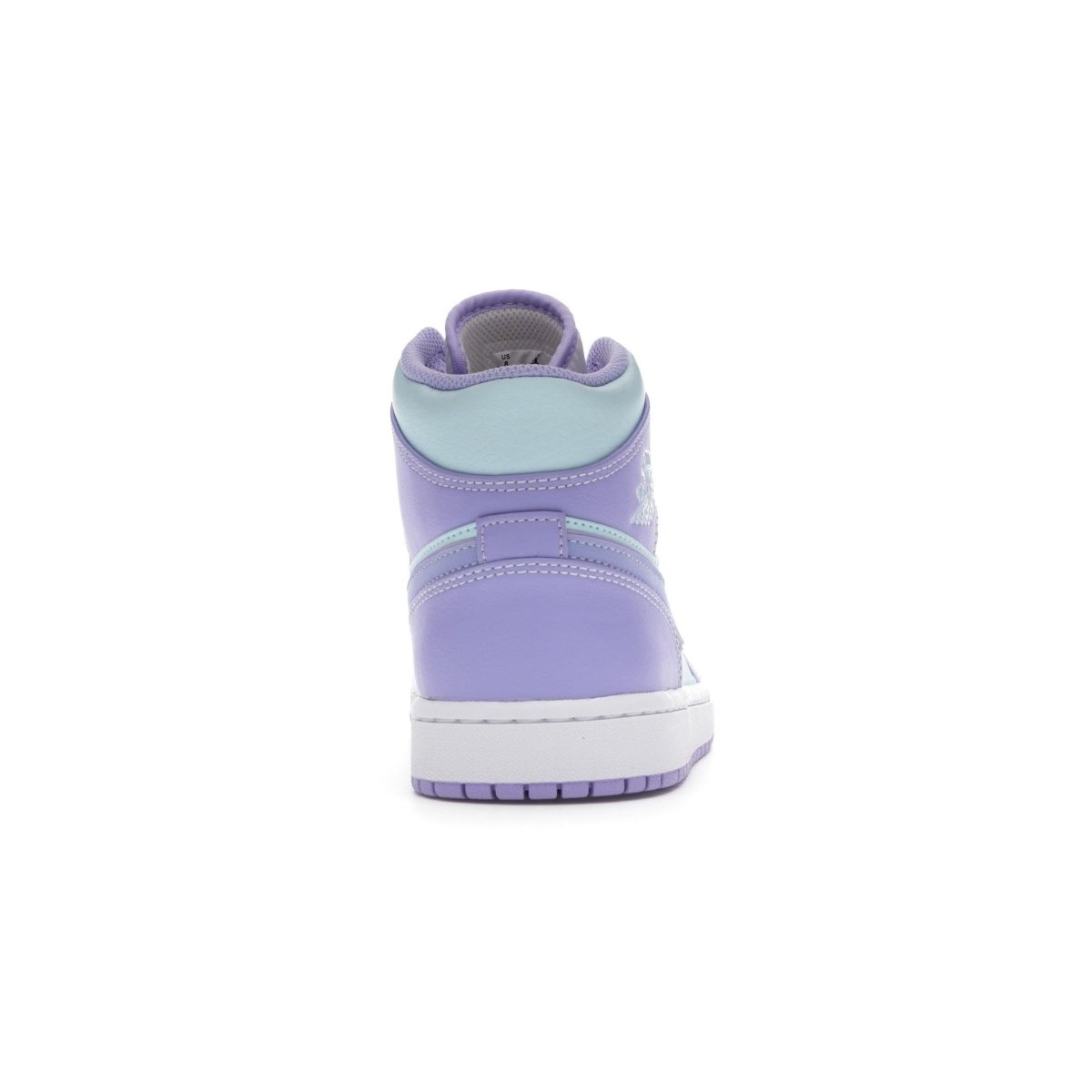 Retro sneaker view of Air Jordan 1 Mid Purple Aqua with pastel purple and aqua details.