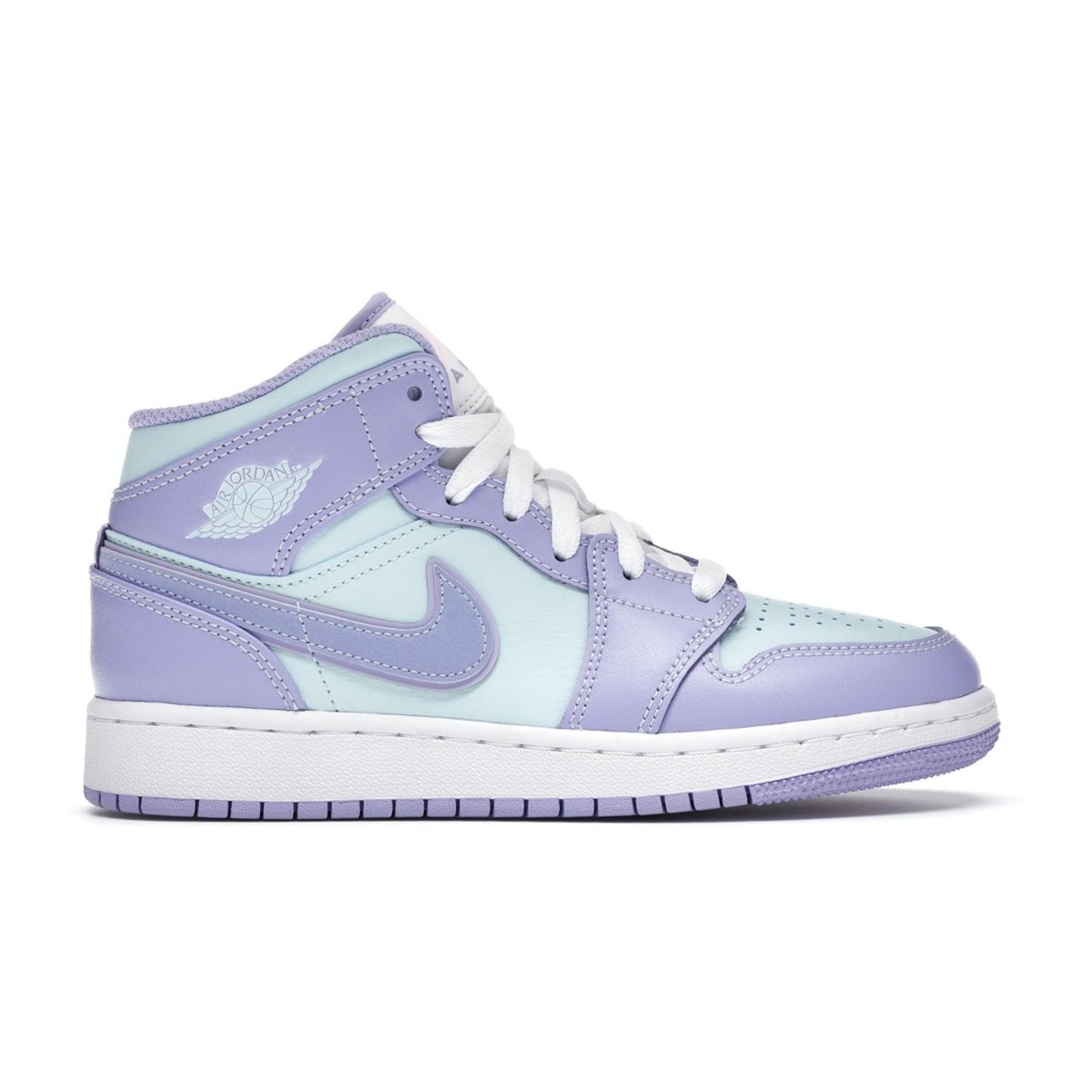 Air Jordan 1 Mid GS Purple Aqua sneakers in pastel lilac and aqua blue with white accents, perfect for a stylish summer look.
