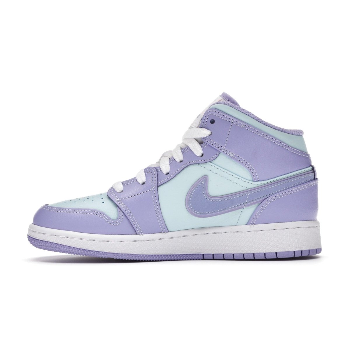 Air Jordan 1 Mid Purple Aqua GS sneaker featuring pastel lilac and aqua blue hues with white leather accents.