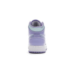 Back view of Air Jordan 1 Mid GS Purple Aqua sneakers showcasing lilac and aqua blue design elements.